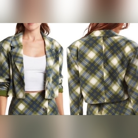WeWoreWhat Blue and Green Plaid Cropped Boxy Blazer NWT Size Large - Picture 6 of 6